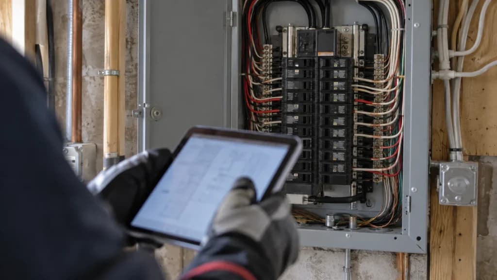 Électricien ganté tenant une tablette devant un panneau électrique ouvert