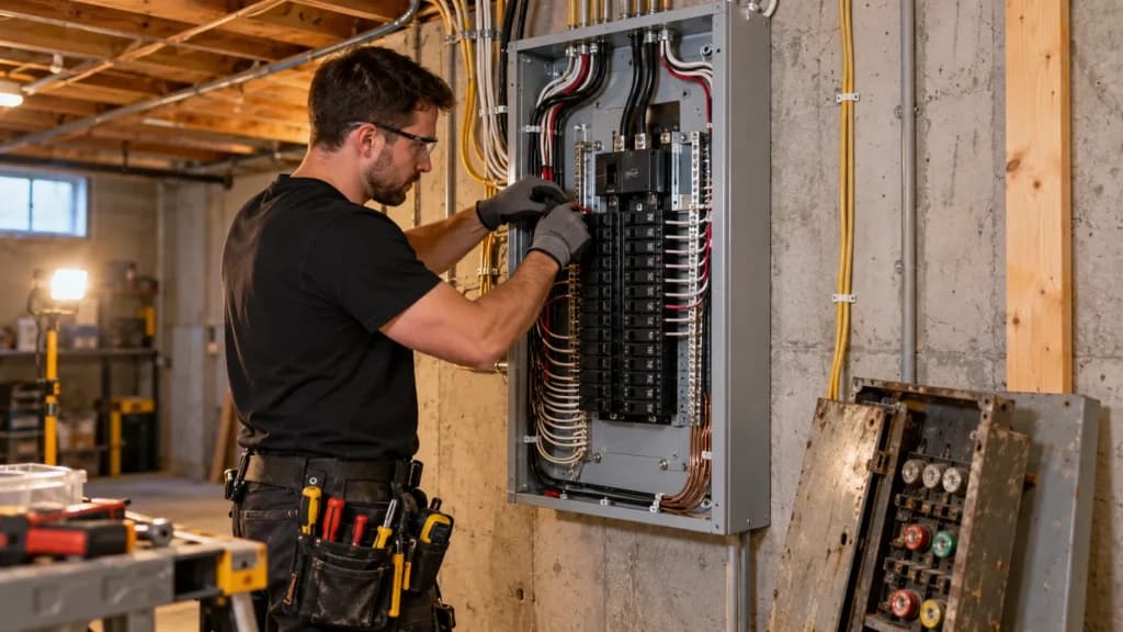 Électricien qui raccorde un panneau électrique neuf de 200 ampères au sous-sol