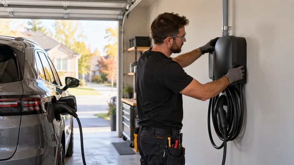 Électricien qui installe une borne de recharge niveau 2 au mur d’un garage résidentiel