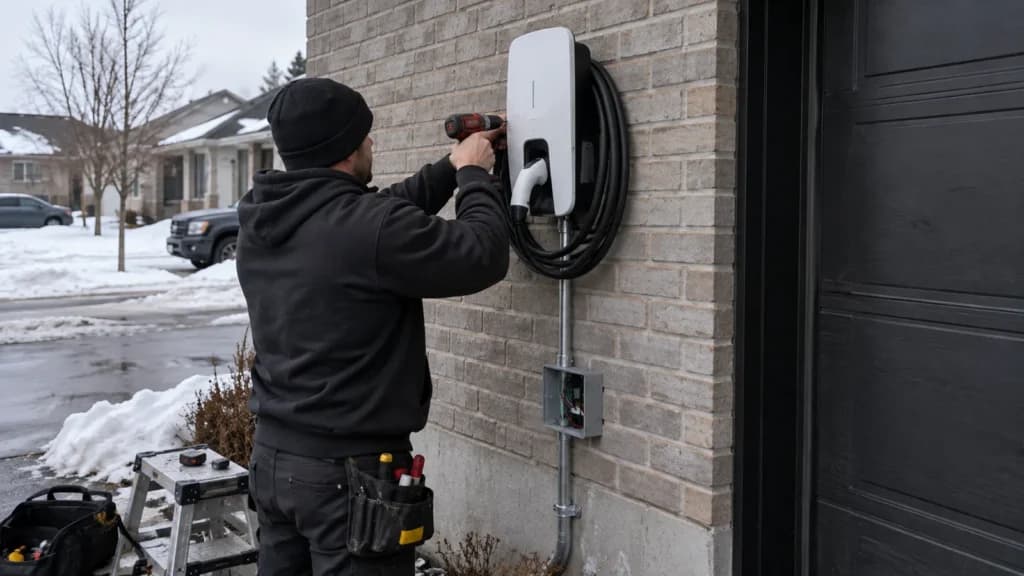 Électricien qui fixe une borne de recharge sur le mur de brique d’une maison