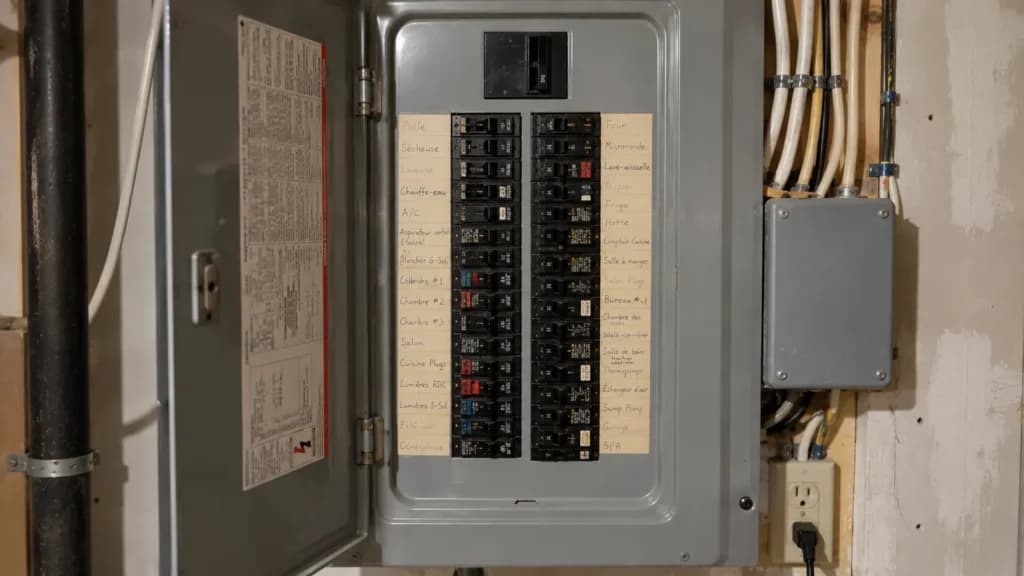Panneau électrique résidentiel plein, tous les emplacements occupés, circuits étiquetés à la main en français
