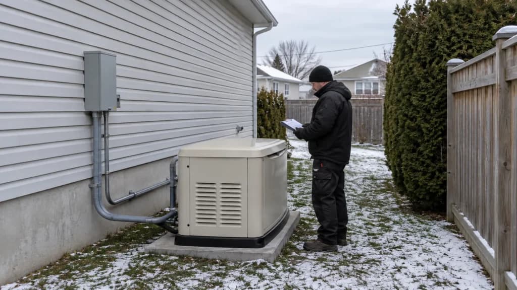 Génératrice de secours permanente sur une dalle de béton dans la cour latérale d’un bungalow, cachée de la rue par une haie de conifères, un électricien qui prend des notes, neige au sol
