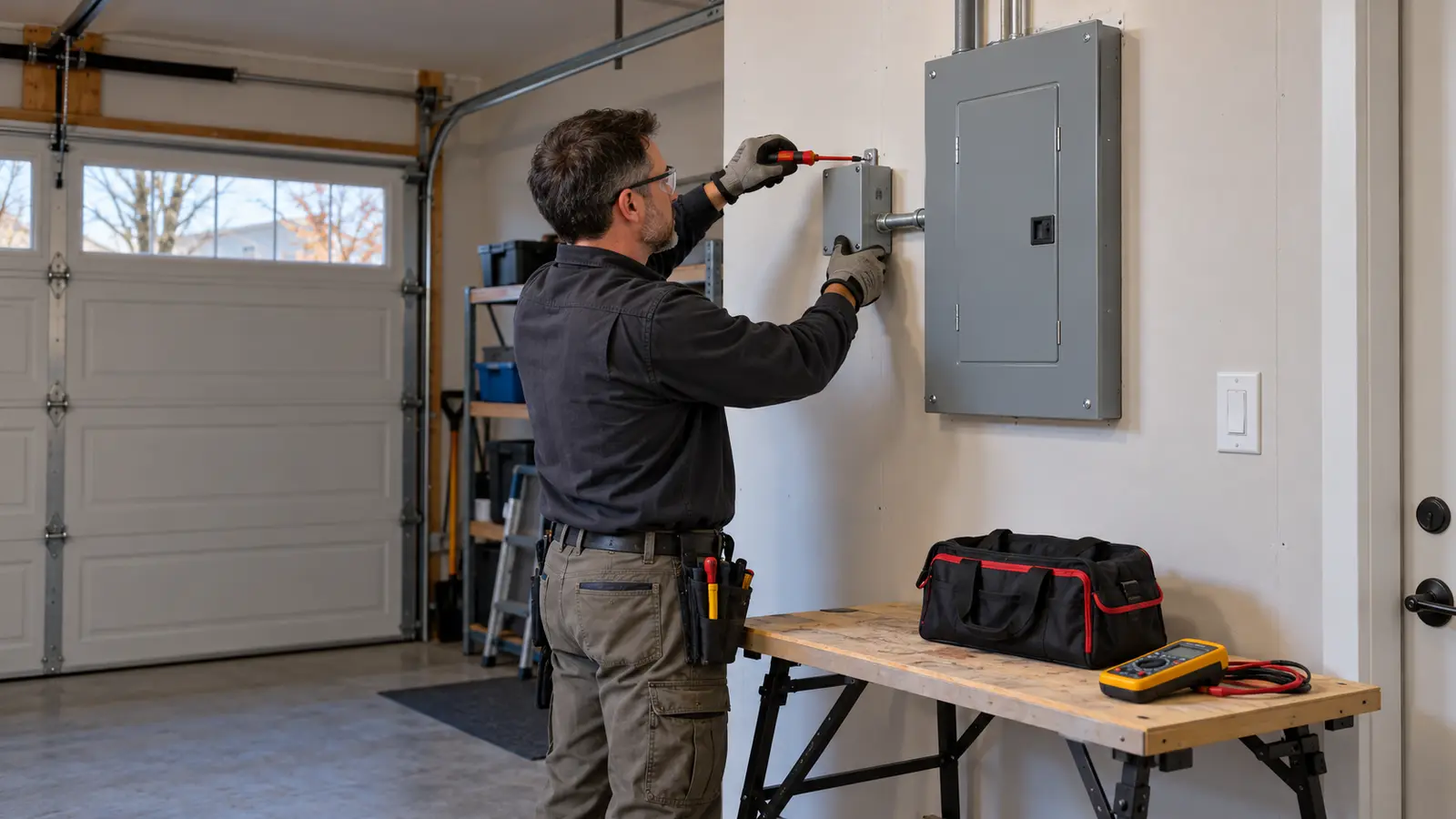 Électricien debout dans un garage, qui fixe un parafoudre à côté du panneau électrique, multimètre et sac d’outils sur l’établi
