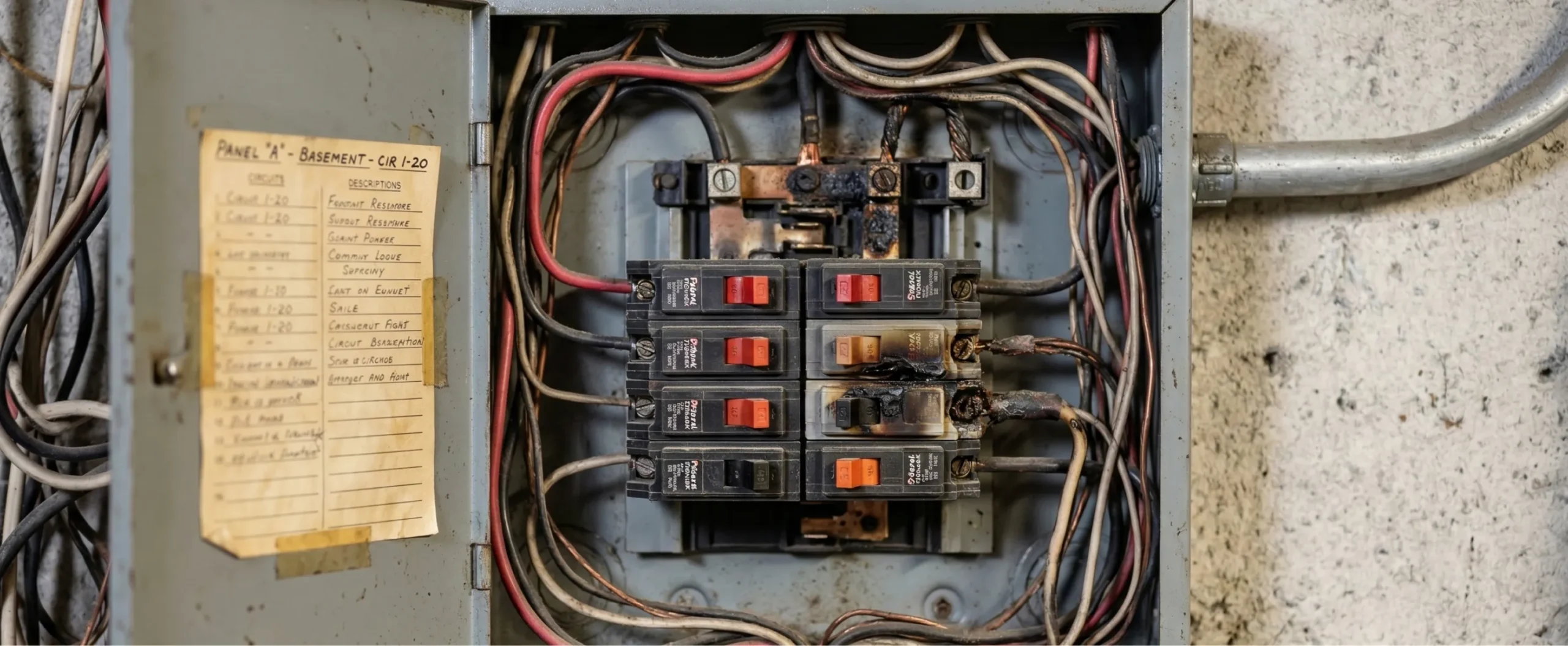 Older electrical panel with its circuits labelled by hand