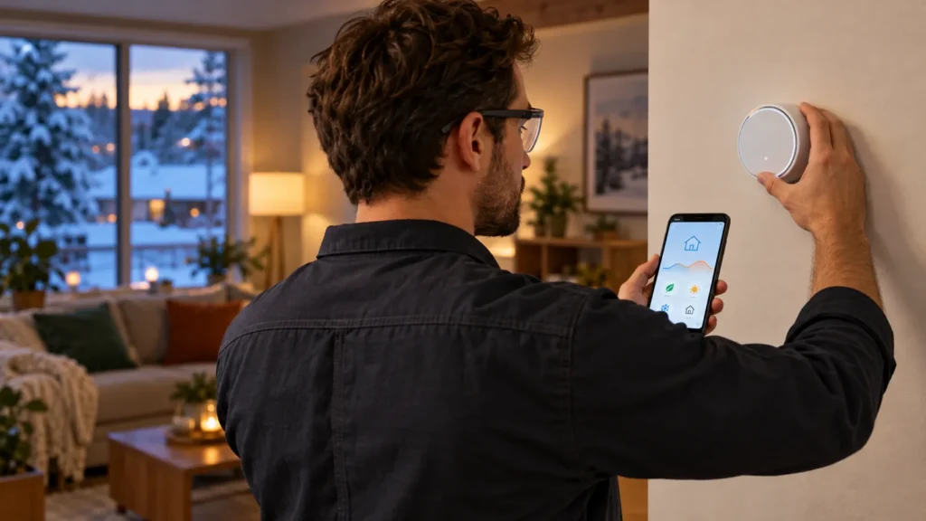 Électricien qui fixe un thermostat intelligent au mur d’un salon, une application d’énergie ouverte sur son téléphone