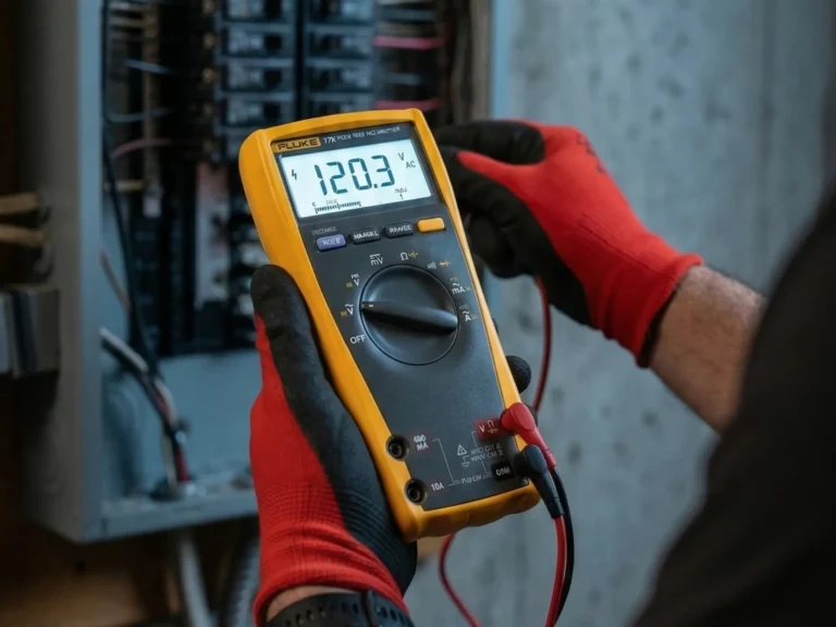 Maître électricien qui mesure la tension avec un multimètre, gants de protection rouges