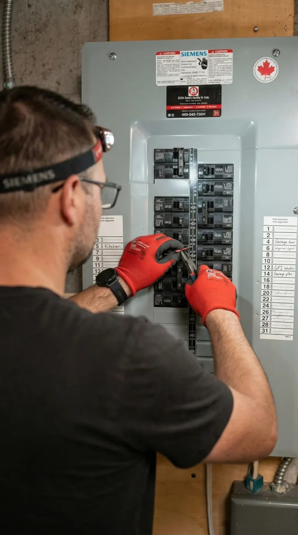 Électricien de STM-Électrique, lampe frontale et gants, au travail dans un panneau électrique