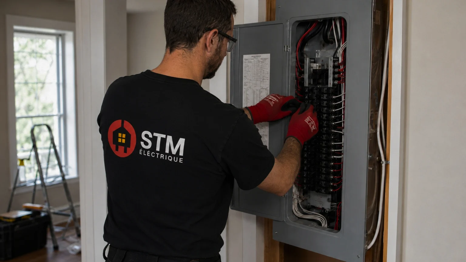 Maître électricien de STM-Électrique, de dos avec le logo sur son chandail, au travail dans un panneau électrique ouvert