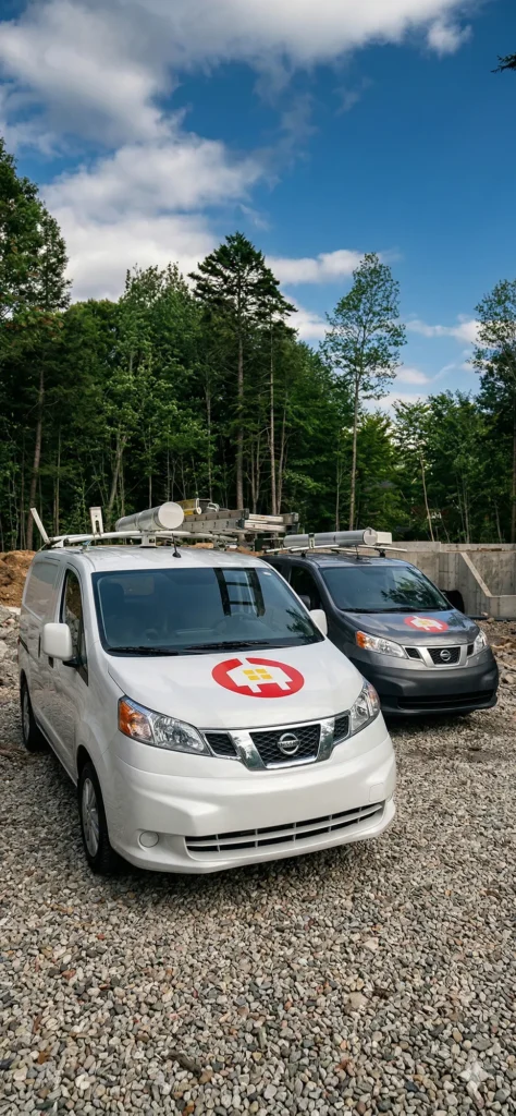 Deux camionnettes lettrées STM-Électrique stationnées sur un chantier