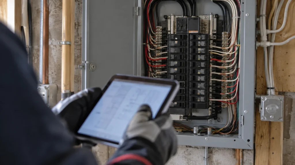Électricien ganté tenant une tablette devant un panneau électrique ouvert