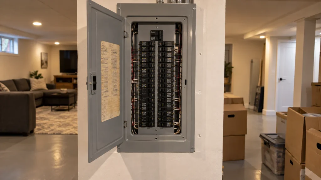 Panneau électrique ouvert dans le sous-sol aménagé d'une maison, près du salon
