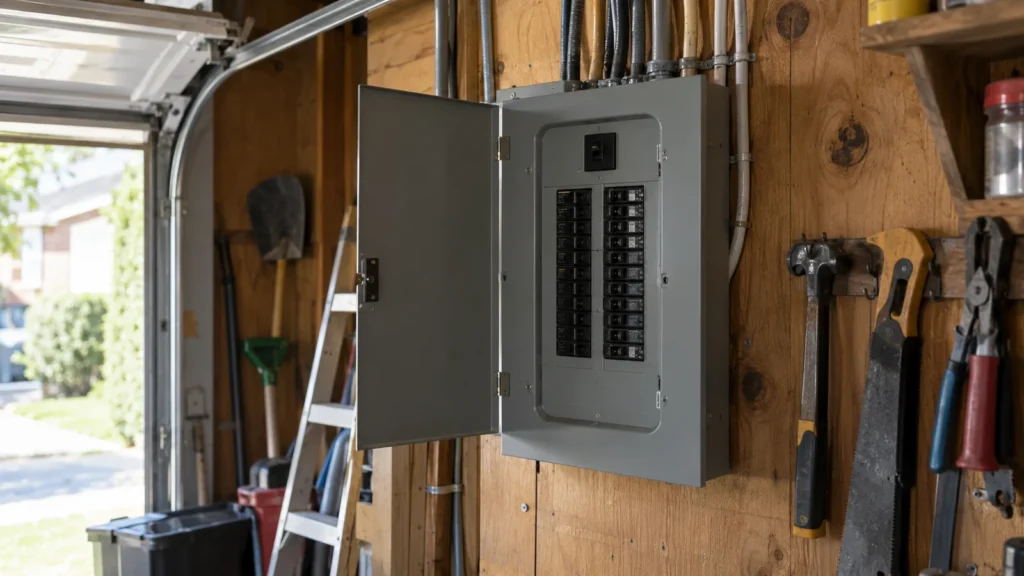 Panneau électrique ouvert dans un garage attenant, outils accrochés au mur de contreplaqué