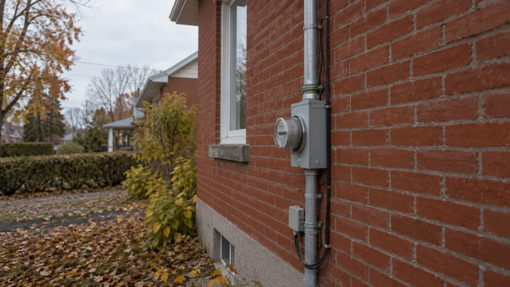 Mât de branchement et compteur fixés sur le mur de brique rouge d'une maison ancienne