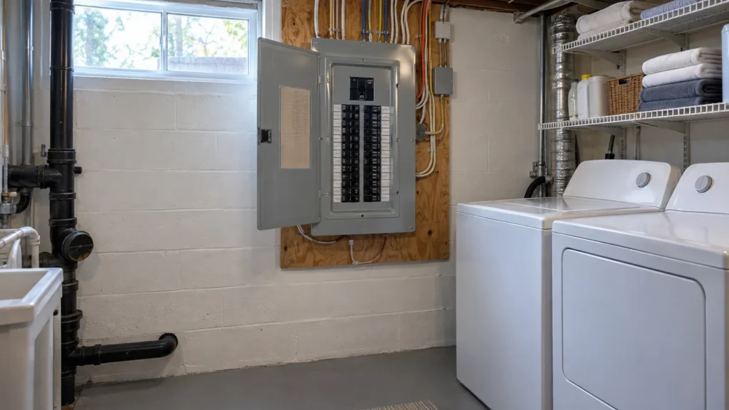 Panneau électrique ouvert dans une salle de lavage, à côté de la laveuse et de la sécheuse