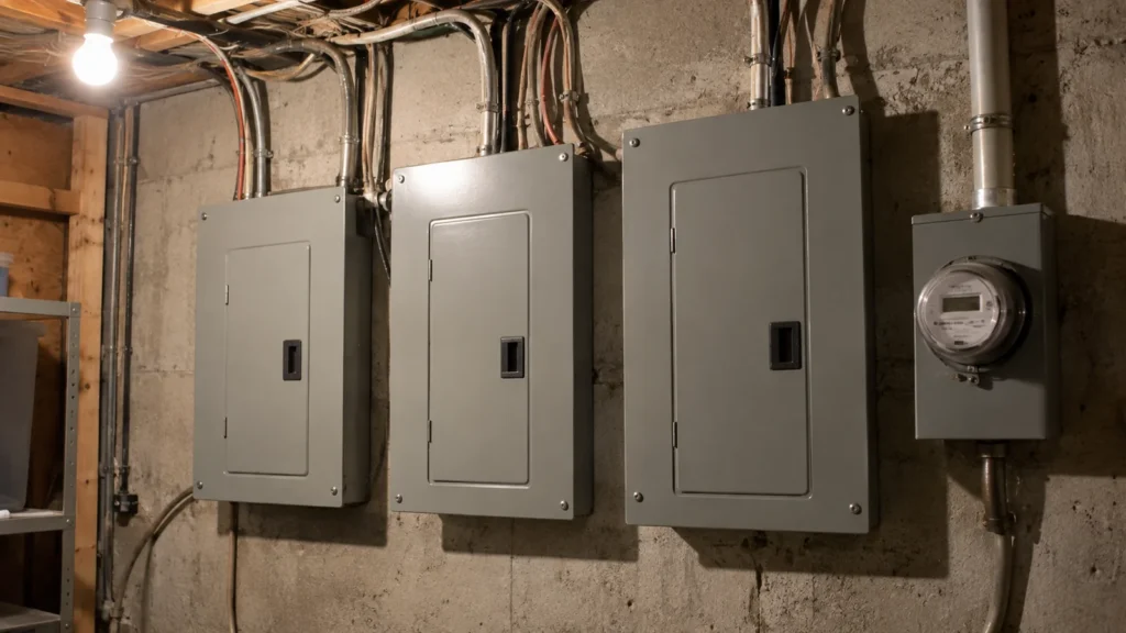 Trois panneaux électriques et un compteur alignés sur le mur de béton du local technique d'un plex