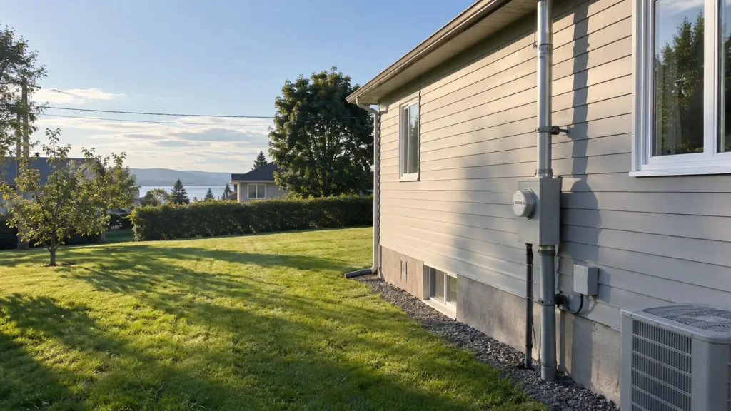 Entrée électrique, mât et compteur sur le mur latéral d'un bungalow, avec la rivière en arrière-plan