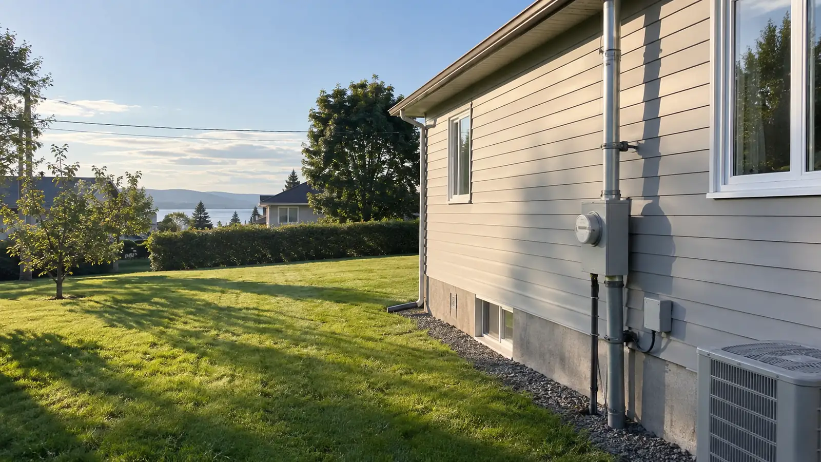 Entrée électrique dégagée sur le mur latéral d'un bungalow, mât et compteur accessibles
