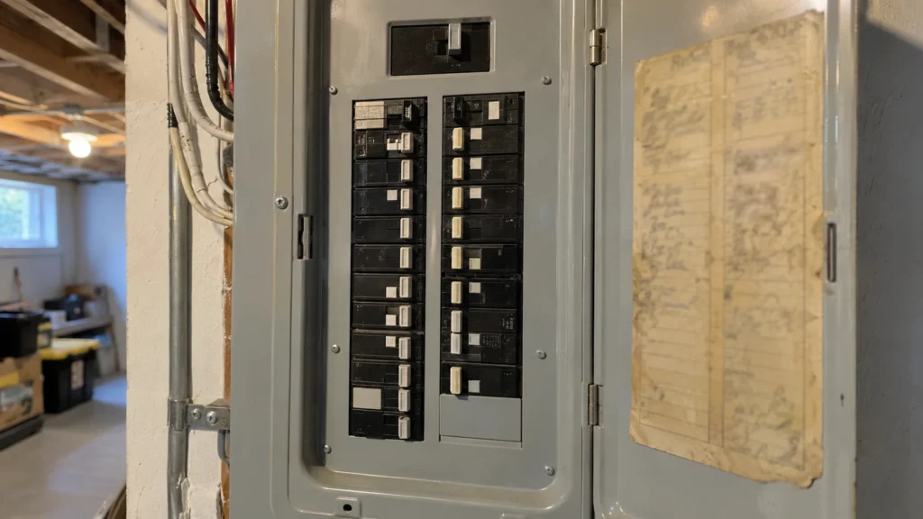 Panneau électrique de 100 ampères ouvert, disjoncteurs doubles empilés et carte d'étiquettes jaunie sur la porte