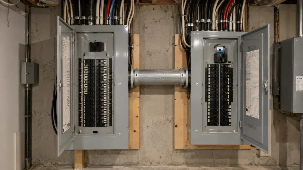 Deux panneaux électriques côte à côte reliés par un conduit, installation résidentielle de grande capacité dans un sous-sol