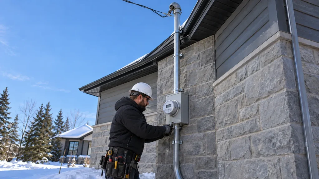 Électricien en manteau d'hiver qui termine une entrée électrique neuve : mât de branchement, embase et compteur sur le mur de pierre d'une maison