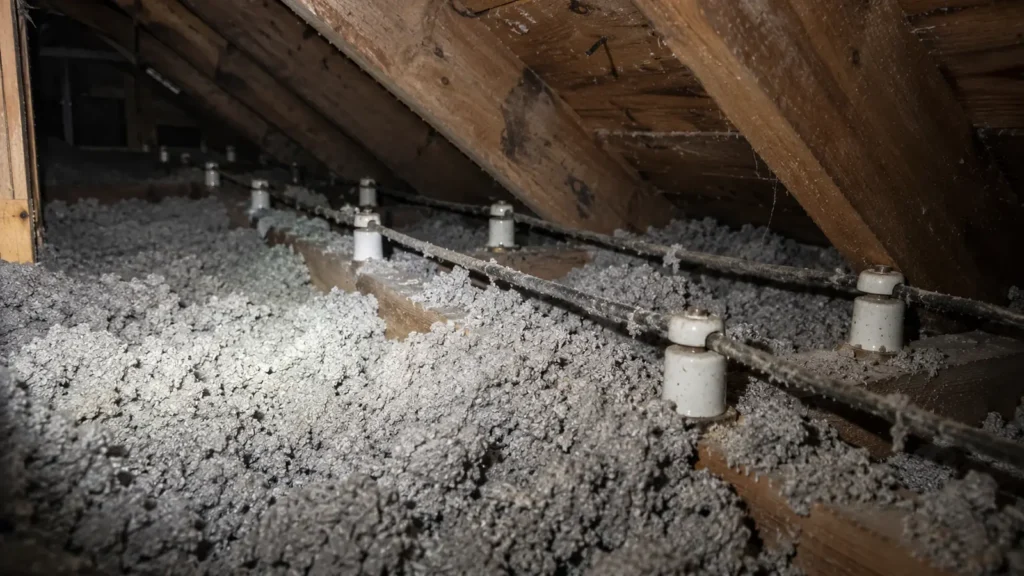 Filage knob and tube dans un entretoit : deux conducteurs parallèles sur bobines de porcelaine, en partie recouverts d'isolant de cellulose