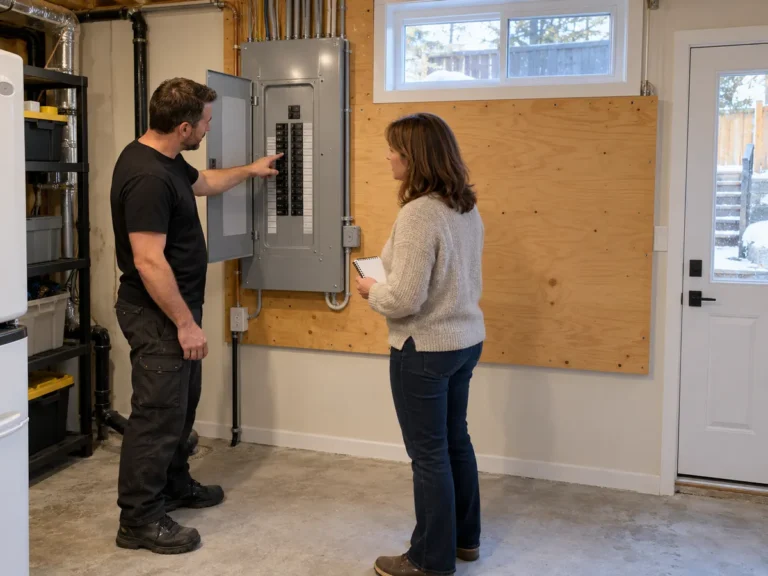 Electrician showing a homeowner the breakers to choose the circuits the generator will power