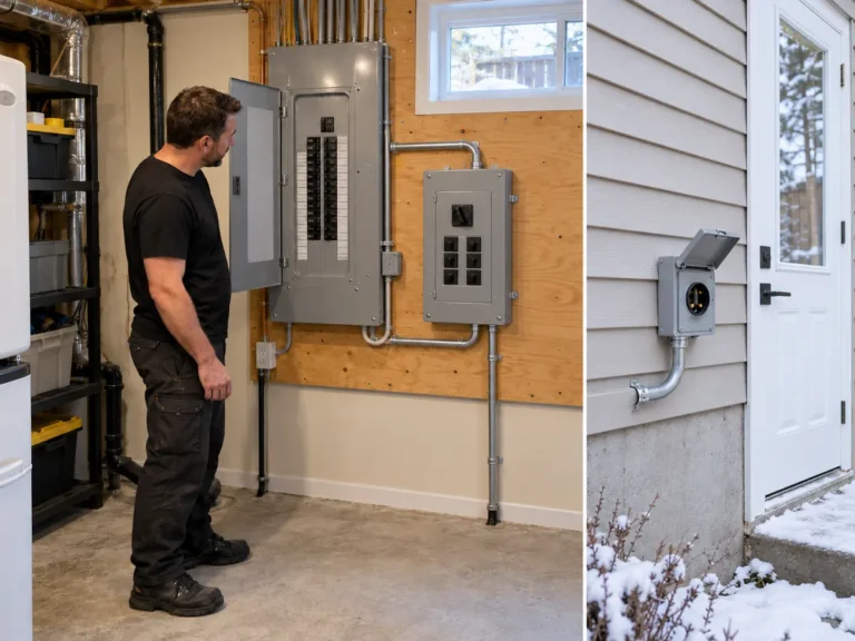 Generator panel installed next to the main panel, and a generator power inlet on the outside wall