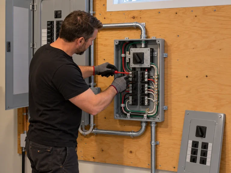 Gloved electrician connecting the chosen circuits in the generator panel