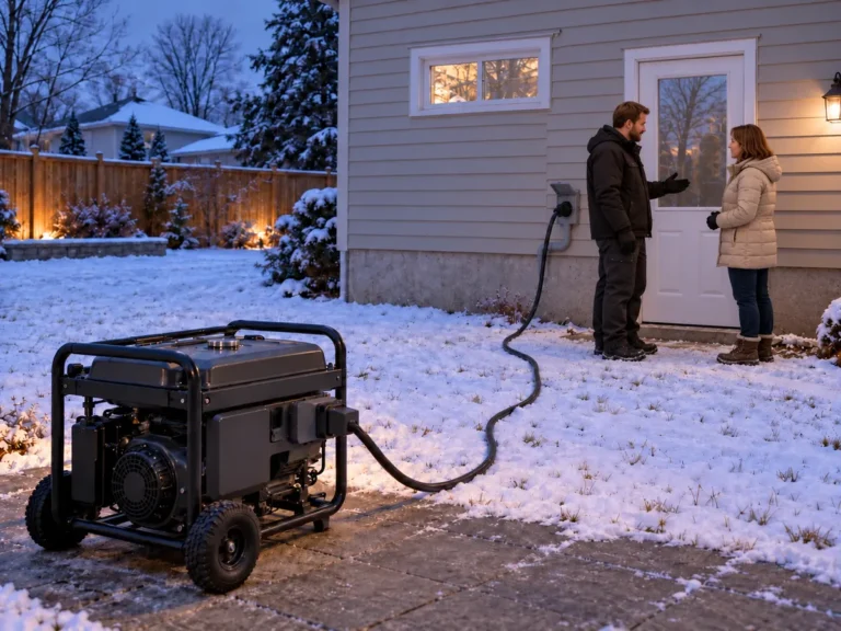Portable generator placed outdoors, away from the house, plugged into the outdoor power inlet