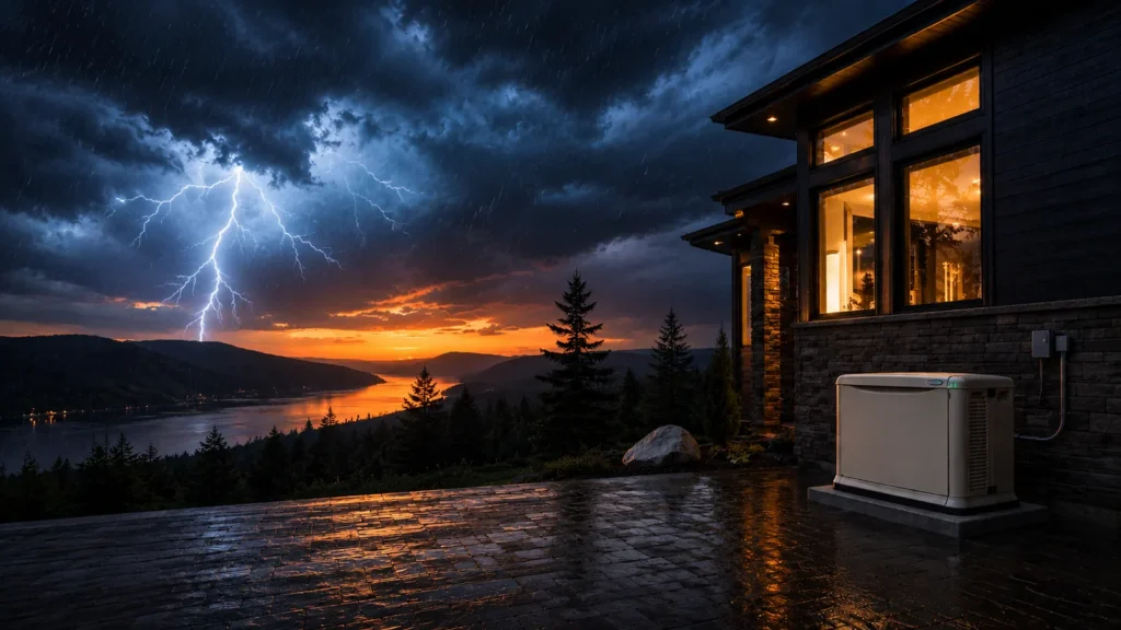 Génératrice de secours permanente au pied d'une maison, pendant un orage