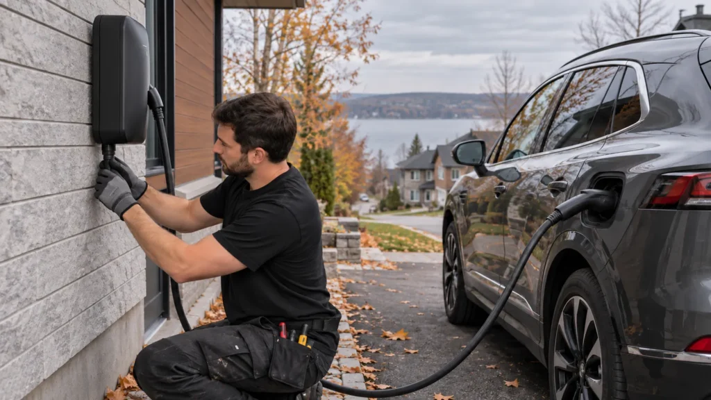 Électricien qui installe une borne de recharge extérieure sur le mur d'une maison, véhicule électrique branché dans l'entrée