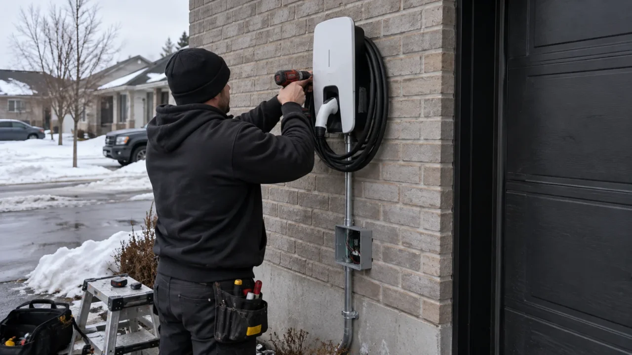 Électricien installant une borne de recharge murale sur un mur de brique