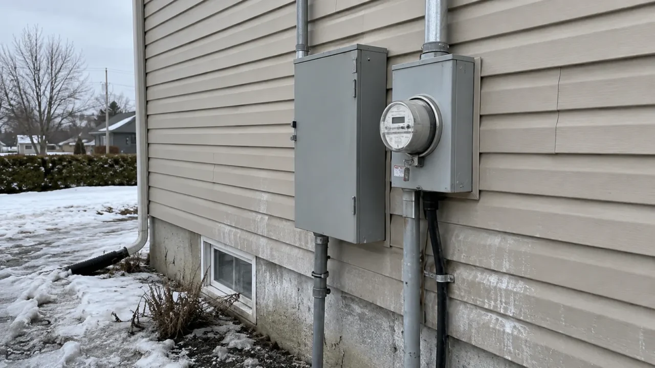 Boîtier électrique extérieur et compteur sur un mur de vinyle