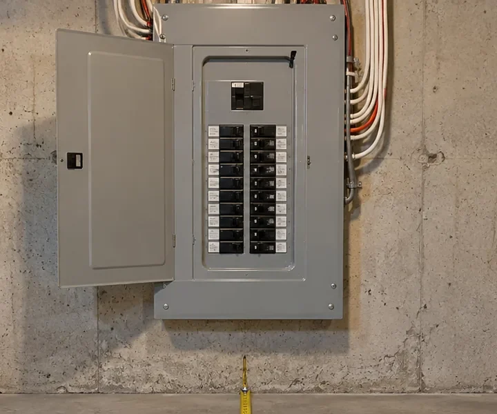 Panneau électrique résidentiel, porte ouverte, disjoncteurs