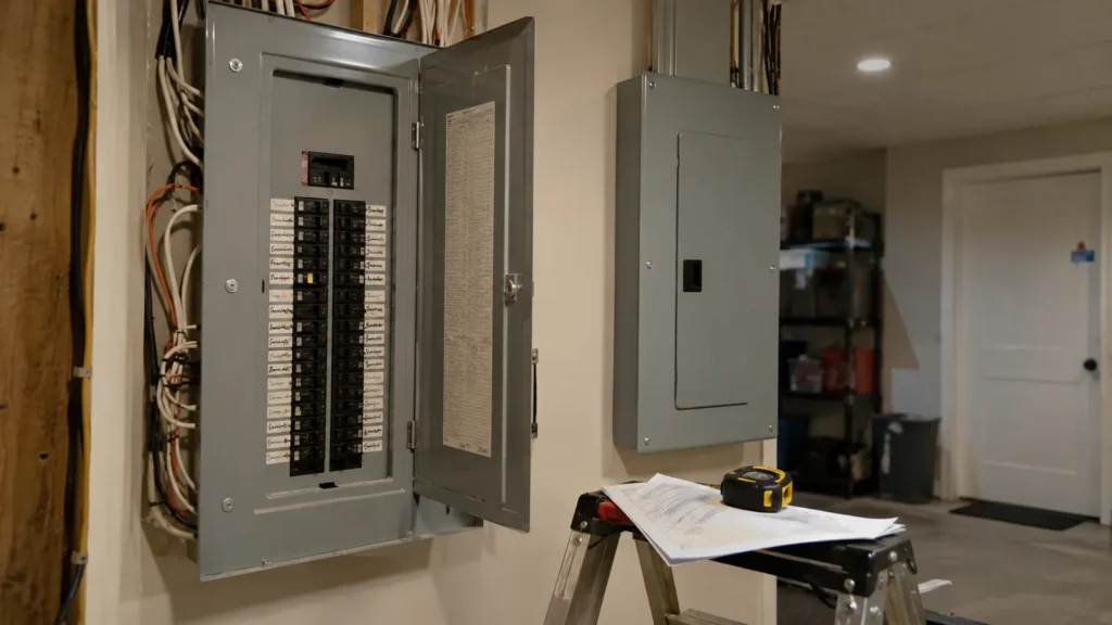 Panneau électrique résidentiel ouvert, disjoncteurs étiquetés à la main, documents et ruban à mesurer posés sur un escabeau