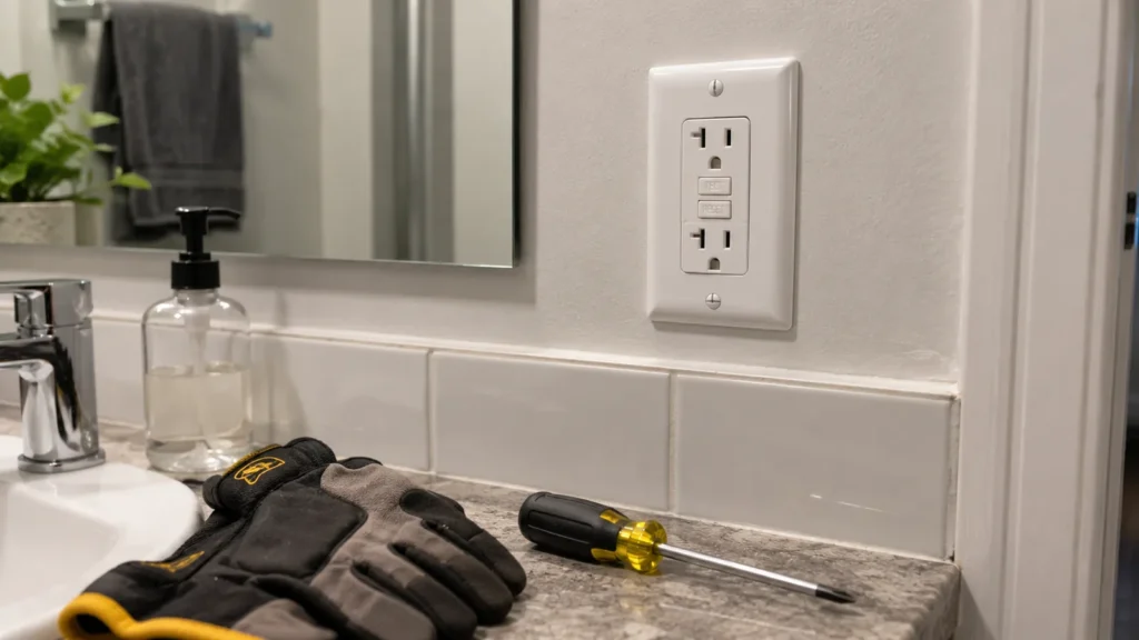 Prise à disjoncteur différentiel avec ses boutons TEST et RESET, installée au-dessus du comptoir d'une salle de bain