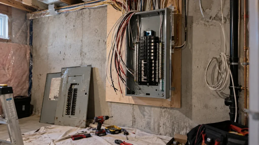Remplacement d'un panneau électrique en cours : l'ancien panneau déposé au sol, le nouveau fixé au mur