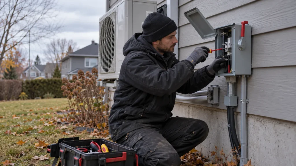 Électricien qui remplace un sectionneur électrique extérieur à côté d'une thermopompe murale, sur le mur d'une maison à la fin de l'automne