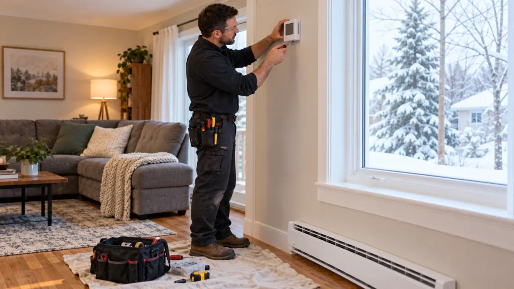 Électricien qui installe un thermostat électronique au-dessus d'une plinthe électrique, dans le salon d'une maison en hiver