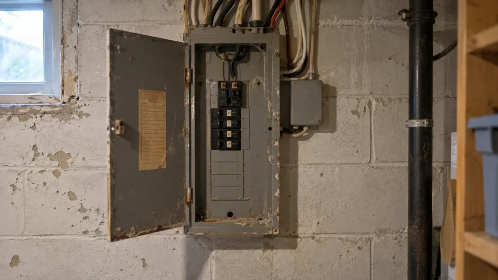 Vieux panneau électrique de faible capacité dans un sous-sol, peu de disjoncteurs et beaucoup d'espaces vides, mur de blocs de béton