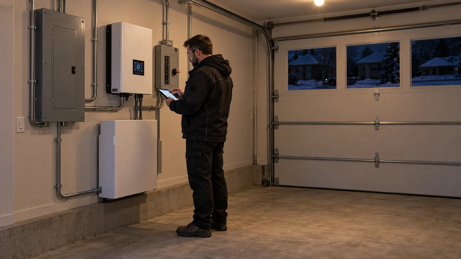 Électricien debout dans un garage éclairé pendant une panne, devant une batterie fixe, un onduleur et un panneau d’urgence muni d’un inverseur