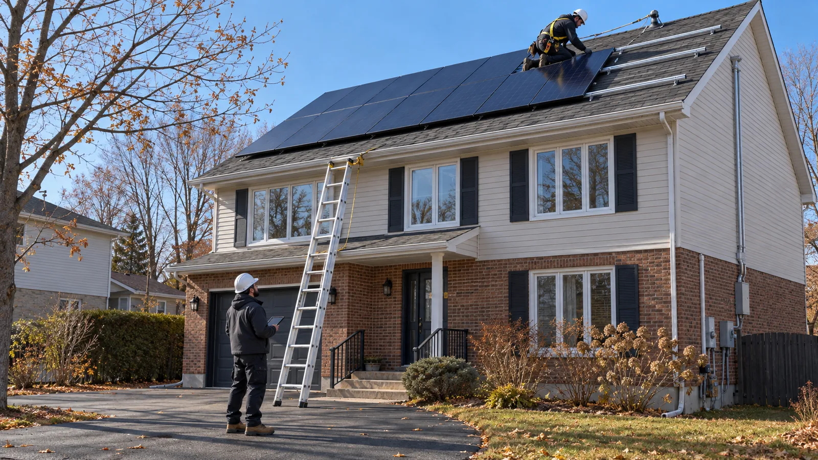 Installateur retenu par un harnais qui pose des panneaux solaires sur le toit d’une maison de banlieue, pendant qu’un électricien suit les travaux depuis l’entrée