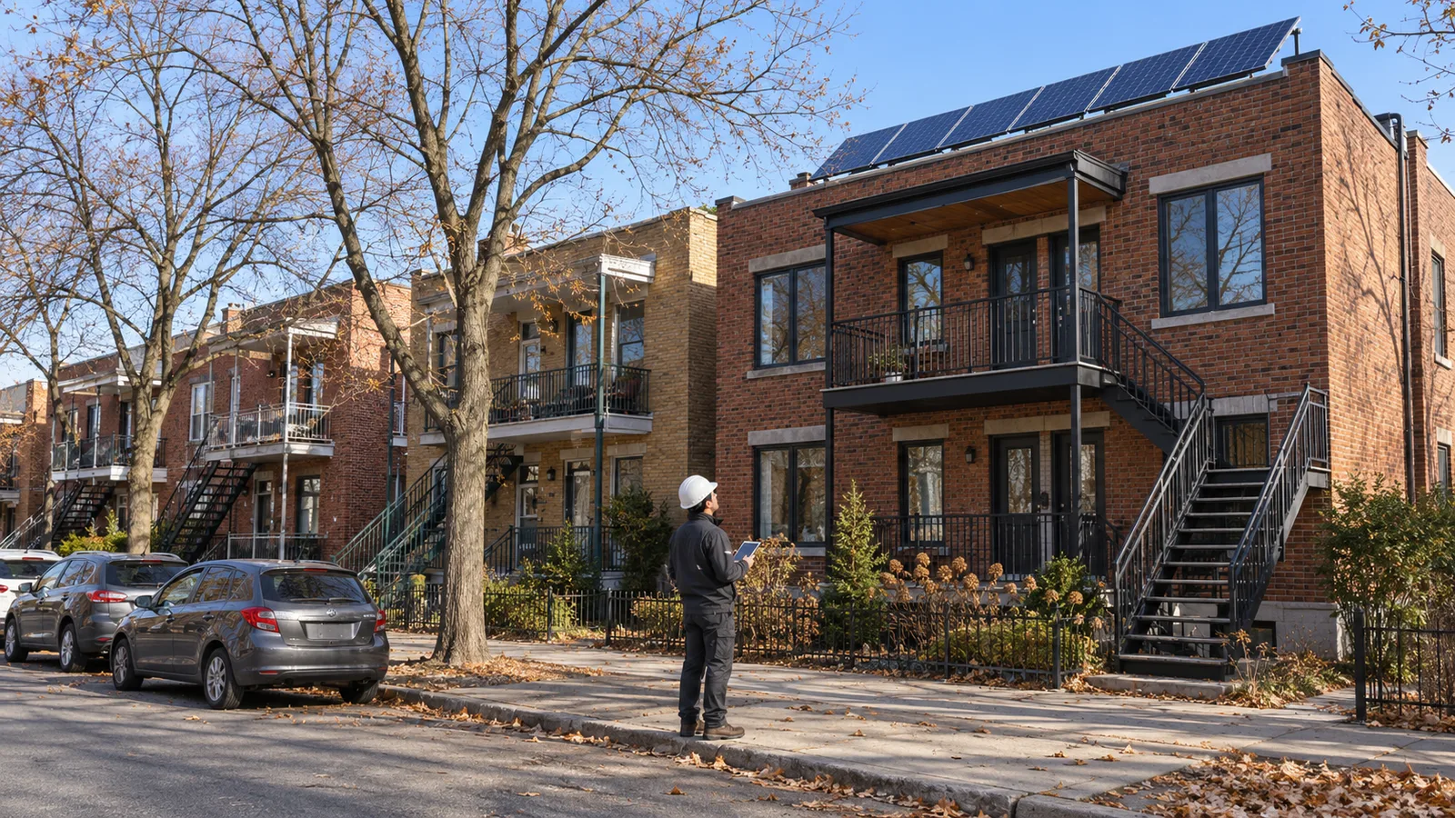 Rue de plex en brique avec escaliers extérieurs ; des panneaux solaires couvrent le toit plat d’un triplex, et un électricien casqué, une tablette à la main, se tient sur le trottoir